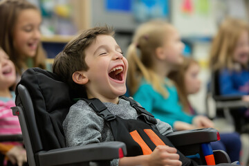 A joyful scene of children in a diverse classroom setting, where a child with cerebral palsy is learning alongside peers
