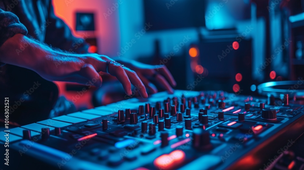 Poster an electronic drum kit set up in a home studio, with led lights illuminating the pads