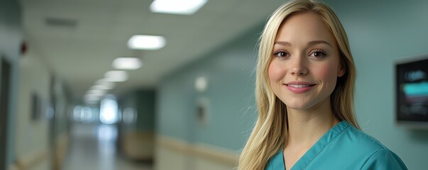 Smiling nurse in hospital corridor with stethoscope, showcasing professionalism and empathy in healthcare environment