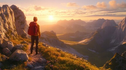 Fototapeta premium Solo Traveler on a Mountain Path at Sunrise with a Breathtaking View of the Valley 3d animation