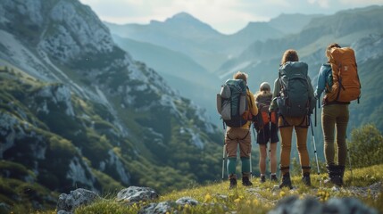A group of friends hiking in the mountains, stopping to take a photo with a scenic view behind them, ready to share their adventure on social media