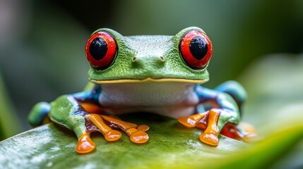 Fototapeta premium A vibrant red-eyed tree frog sits on a green leaf, its orange feet and blue stripes adding to its colorful appearance.