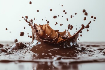 decadent chocolate explosion captures liquid and solid forms midair glossy droplets and velvety bonbons frozen in time against pristine white backdrop