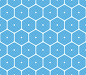 Minimalistic hexagon background. Royal blue color on matching background. Bold rounded stacked hexagons mosaic pattern. Large hexagon shapes. Seamless pattern. Tileable vector illustration.