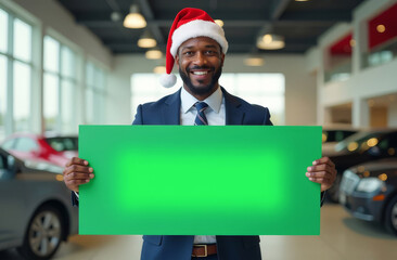 A smiling African American man working as a car dealer, wearing a business suit, and Santa's hat holds a blank green paper in front of new cars in a car dealership. 