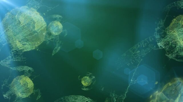 A vibrant depiction of floating green spheres in a cosmic environment, resembling microscopic particles or cells in a glowing, ethereal space, video in high quality 4k, motion design