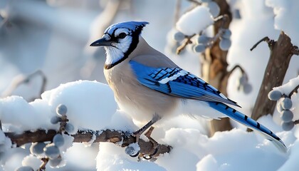 beutiful blue jy perched on  snow-covered brnch its vibrnt blue fethers stnding out ginst the white snow