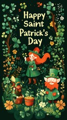 Naklejka premium A girl in green greets cheerful leprechauns in a vibrant display of clovers and flowers