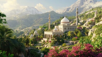 Village View and Muslim mosque in the mountain. Beautiful Islamic mosque landscape 3d animation