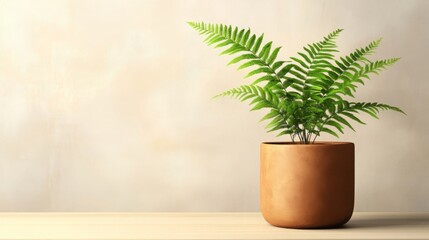 Fototapeta premium Green Fern in Brown Pot on Wooden Table Against Cream Wall