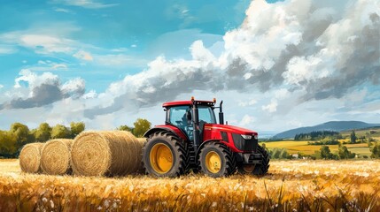 Red tractor with hay bales in tow, against a scenic countryside landscape.