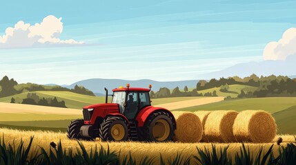 Obraz premium Red tractor with hay bales in tow, against a scenic countryside landscape.