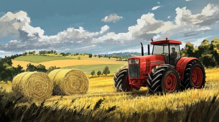 Obraz premium Red tractor with hay bales in tow, against a scenic countryside landscape.