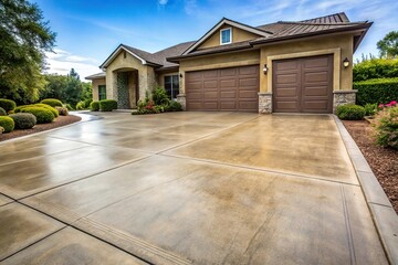 Medium shot of smooth and durable concrete driveway with rustic charm