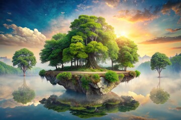 Obraz premium Floating Island with Lush Trees on White Background - Urban Exploration Photography