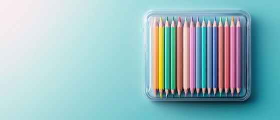 Colorful set of neatly arranged colored pencils in a plastic case on a light blue background. Artistic tools for creativity and drawing.
