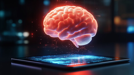 Obraz premium digital brain floating over a tablet, an artificial intelligence concept, a technology background,