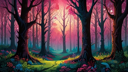 Enchanted forest with glowing trees and flowers.