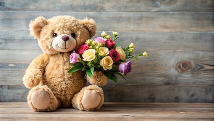Obraz premium Medium shot of teddy bear holding bouquet of flowers