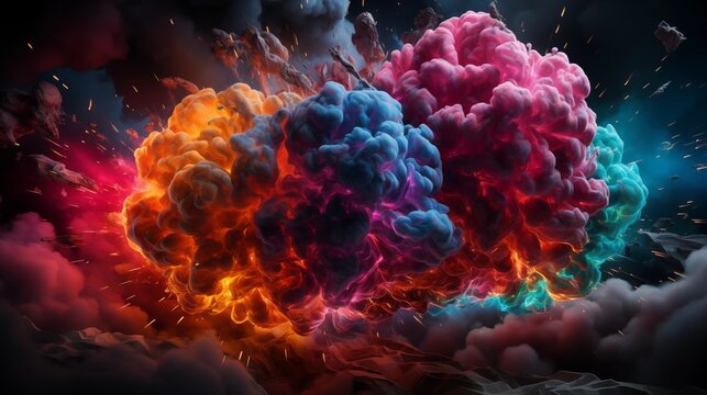 Mental overload, busyness, stress at work, brain drain. Human brain exploding in colorful paint