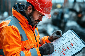 Construction worker in orange safety jacket and hard hat examines a checklist on a clipboard at a construction site, emphasizing safety and precision in his tasks.