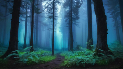 Naklejka premium Magical misty forest with sunlight filtering through trees ideal for fantasy and nature themes 