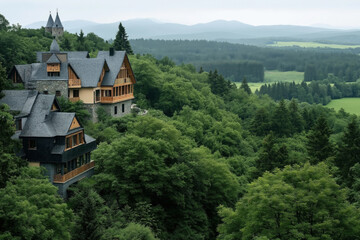Obraz premium Large mansion with multiple gabled roofs nestled in dense forest landscape with rolling hills in the background.
