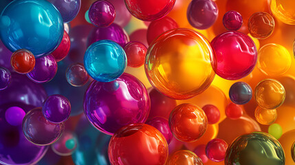 Abstract gradient background with neon colors balls,Various glass marbles, Abstract crystalline balls of hydrogel for the background,Illustration for brochure, cover, poster, presentation or banner
