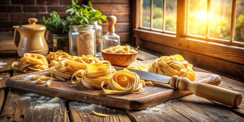 Freshly Cut Homemade Fettuccine Pasta with Traditional Cutter in Rustic Kitchen Setting