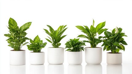 Obraz premium Green Plants in White Pots on White Background