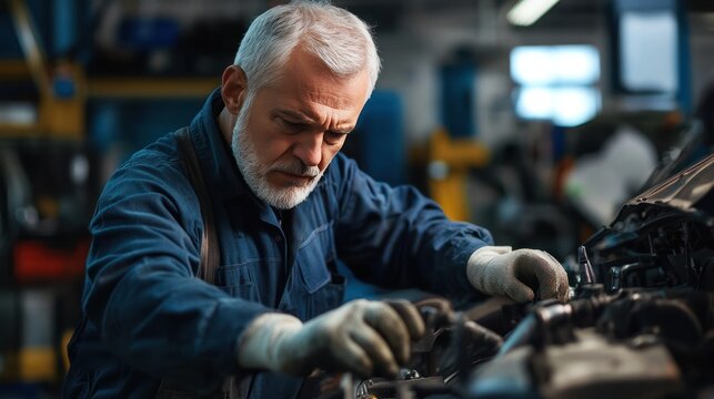Mature mechanic working in an automotive engineering shop