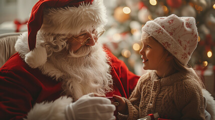 Santa Claus Giving Holiday Presents to Children While Seated Next to the Christmas Tree