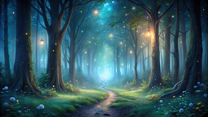 Fototapeta premium Night in a magical forest with leading lines