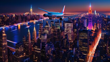 Fototapeta premium An airplane soars above the vibrant skyline of New York City at night