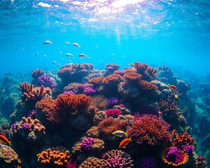 Naklejka premium Vibrant coral reef teeming with marine life.