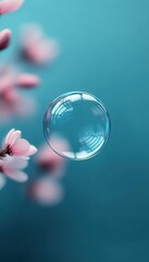 Delicate bubble floating gracefully among pink blossoms on a turquoise background, capturing serenity and beauty in an ethereal moment.