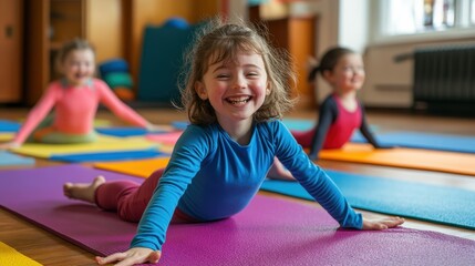 Three children are engaged in a joyful yoga class, practicing their poses on colorful mats