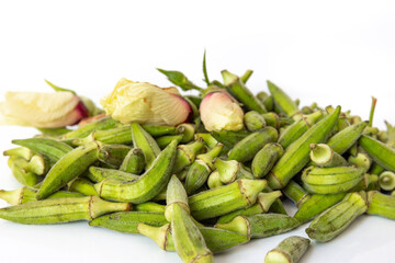 Small size Edirne region okra and okra flower on a white background