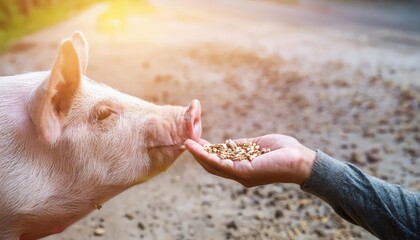 Pig feeding from a person's hand, natural farm setting.