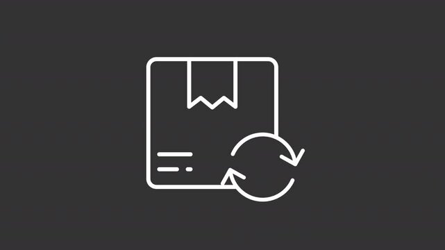 Package return white line animation. Exchange parcel animated icon. Moving box. Spinning circle lines. Isolated illustration on dark background. Transition alpha video. Motion graphic