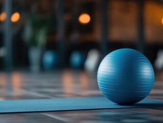 A blue exercise ball on a yoga mat in a serene gym setting with soft lighting, highlighting fitness and relaxation.