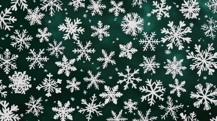 Classic Christmas snowflake background with a blend of white and silver snowflakes scattered on a deep green backdrop, perfect for festive designs or text.