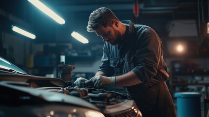 Vehicle maintenance service performed by a technician in a garage
