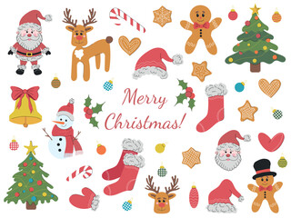 Beautiful set of vector Christmas illustrations on white background. Hand drawn flat colored icon. Reindeer, santa claus, gingerbread cookies, christmas tree, stocking, glove, candy cane, jingle bells