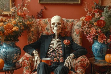 Fototapeta premium Skeleton in a floral suit lounging in a vintage room with pumpkins and autumn flowers Generative AI