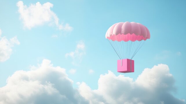 A Box flying on a parachute with cloud,vector illustration of package flying down from sky and cloud with parachute, concept for delivery service,shopping online,air delivery service.