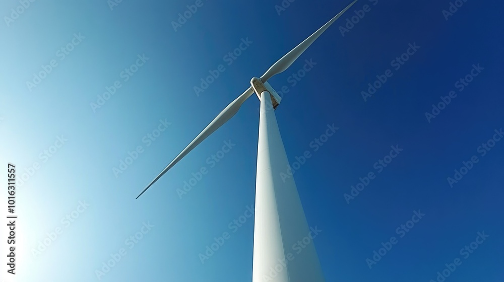 Wall mural tall wind turbine under a clear blue sky, harnessing wind power for a clean energy future.