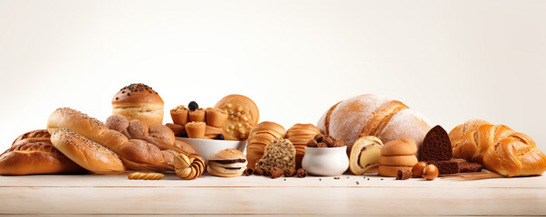 An array of freshly baked bread and pastries displayed on a wooden table in a soft light setting