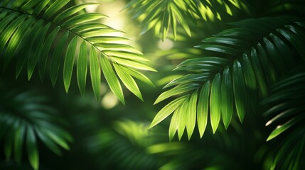 Lush green leaves illuminated by soft sunlight filtering through trees in a tranquil forest setting.