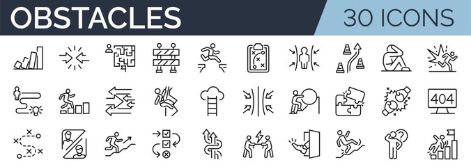 Set of 30 outline icons related to obstacles. Linear icon collection. Editable stroke. Vector illustration
